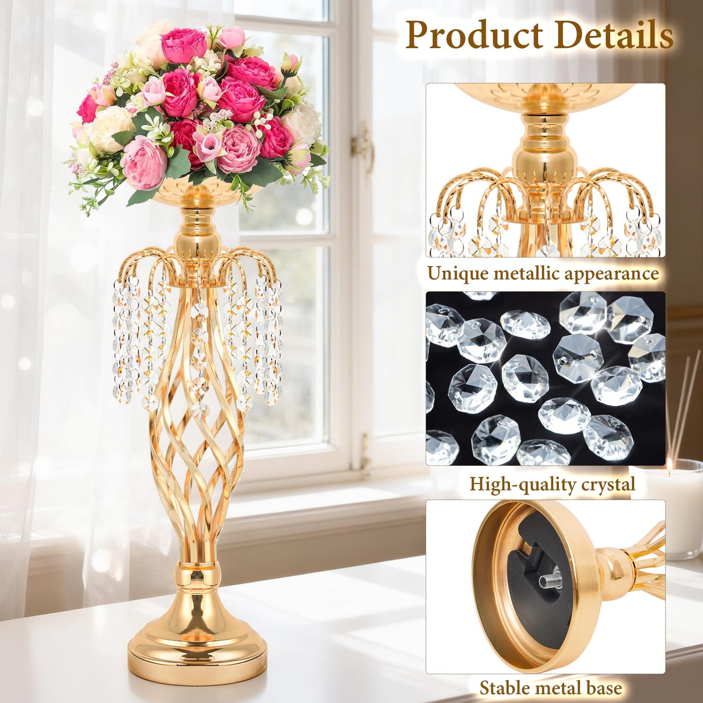Kolnlala Gold Metal Crystal Pendant Flower Stand Set, 17.9 Inch Elegant Tall Vases Wedding Centerpieces with Crystal Pendants for Wedding Banquet, Party, Event, Anniversary, Home Decor (Gold, 2 Pcs)