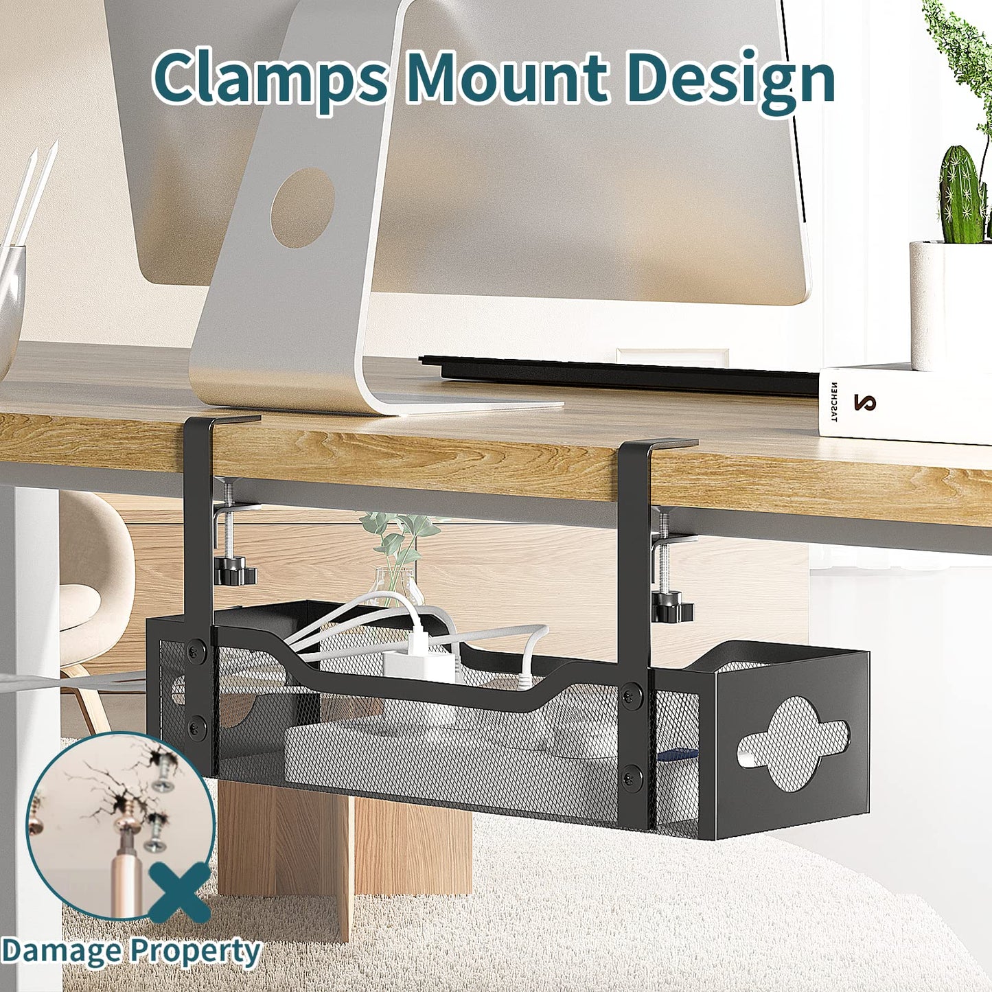 Under Desk Cable Management Tray No Drill, Metal Mesh Cable Management Under Desk with Clamp Mount, 2 Hole Cable Tray with Wire Management and Cord Organizer for Home Office Standing Desk