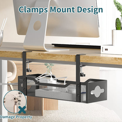 Under Desk Cable Management Tray No Drill, Metal Mesh Cable Management Under Desk with Clamp Mount, 2 Hole Cable Tray with Wire Management and Cord Organizer for Home Office Standing Desk