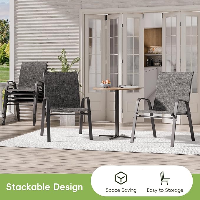 Patio Chairs Set of 4, Stackable Outdoor Dining Chairs for All Weather, Metal Modern Outside Furniture Chair for Pool Side, Garden, Backyard Deck, Dark Grey