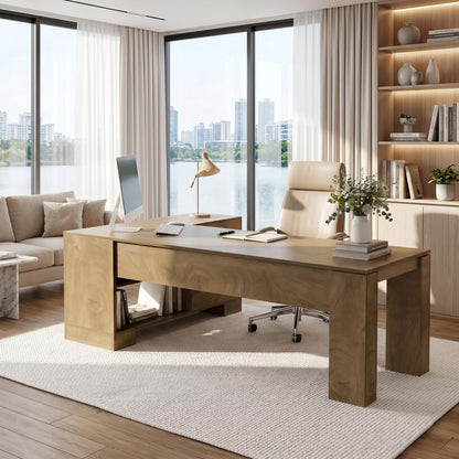 LITTLE TREE 78.7" L Shaped Office Desk with Drawers, Executive Computer Desk with Open Shelves Storage, Farmhouse Large Wooden L Desks Business Furniture, Brown