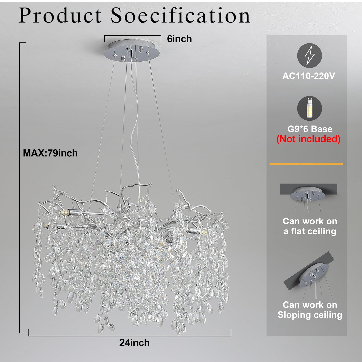 KVTOEP 24 Inch Silver Tree Branch Crystal Chandelier, 6-Light G9 Base K9 Crystal Pendant Light, Adjustable Fixture for Dining Room, Living Room & Staircase