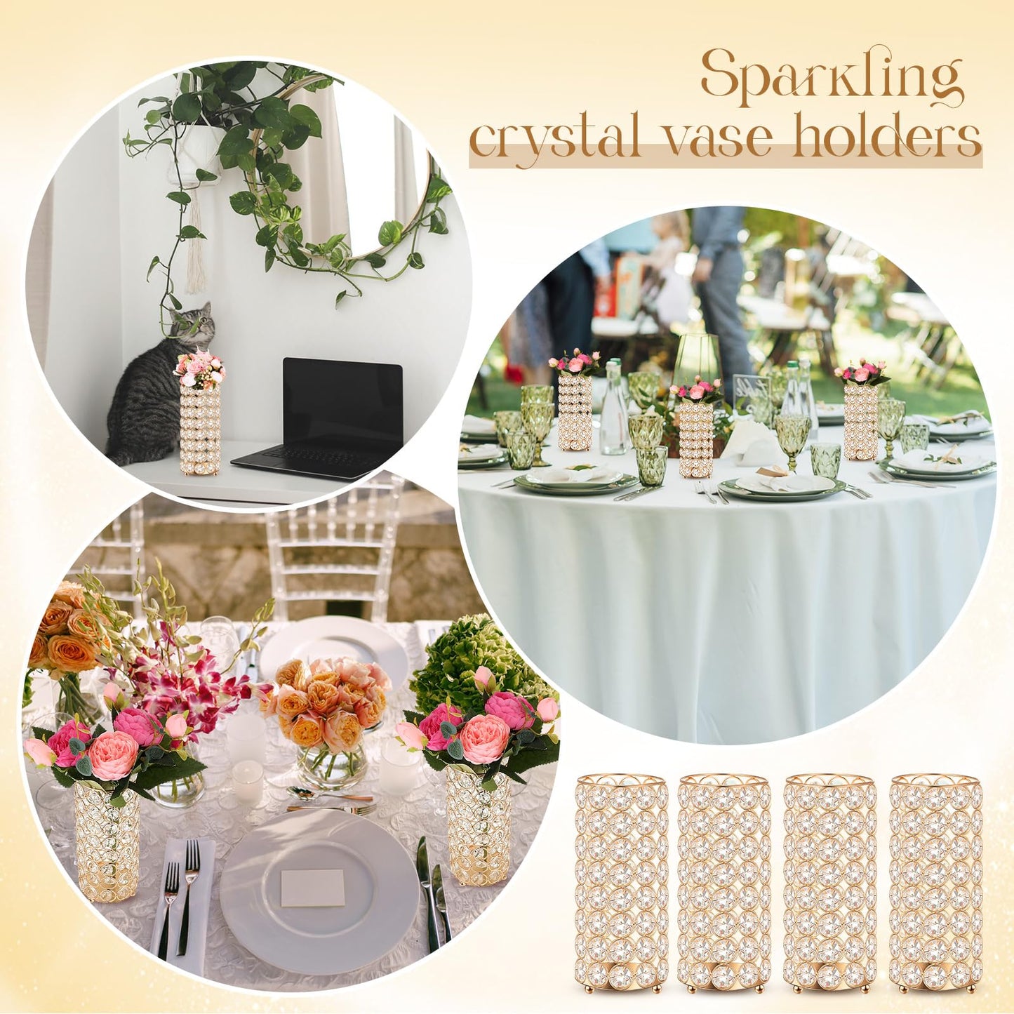 Dandat 8 Pcs Crystal Flower Vase for Wedding Table Centerpieces 7.87 in Crystal Pillar Candle Holder Metal Cylinder Flower Vase Stand for Christmas Wedding Decor Gifts Arrangement Event(Gold)