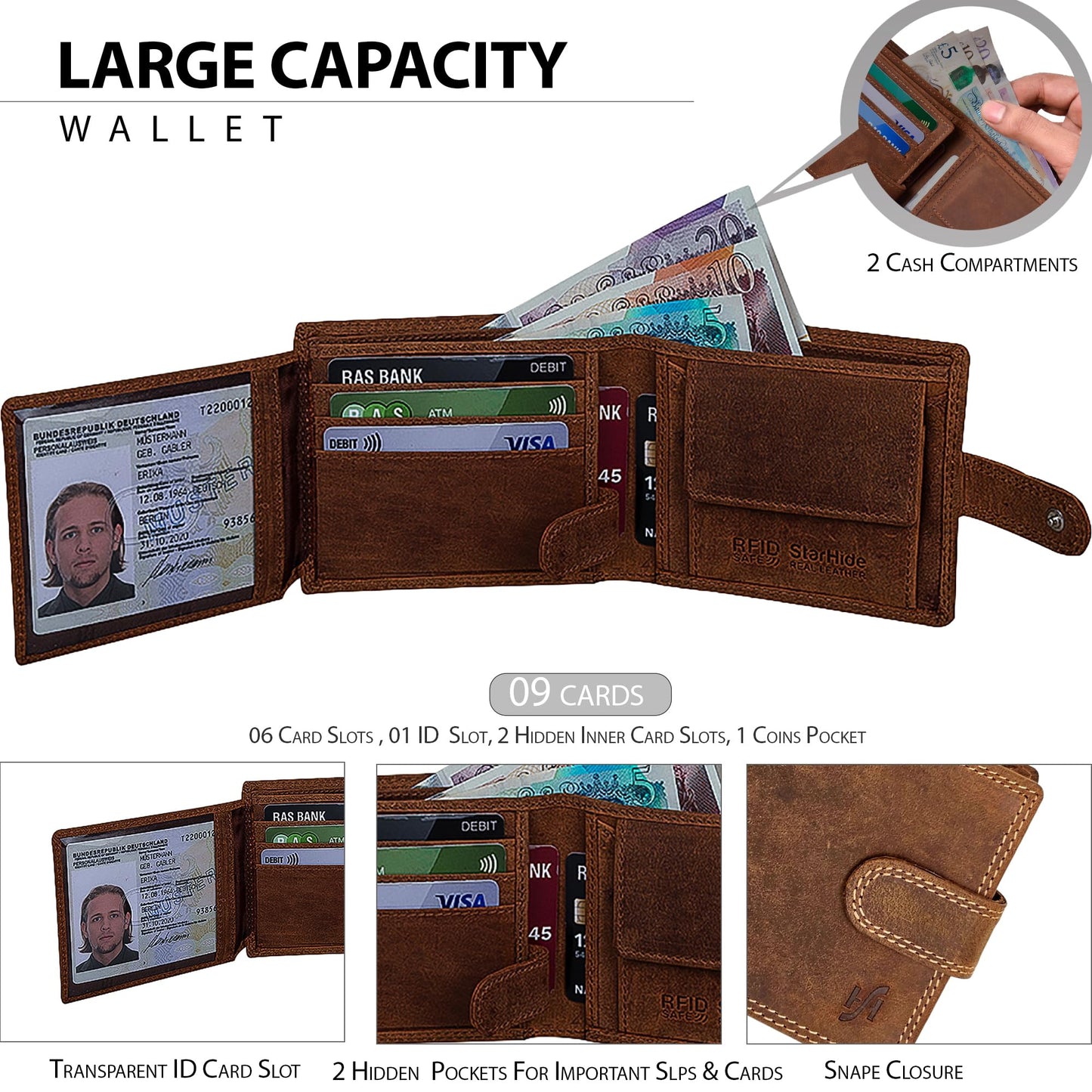 STARHIDE Handmade Wallets for Men UK | Genuine Distressed Hunter Leather | RFID Blocking Notecase Wallet | Coins and Id Card Holder | 710 (Brown)