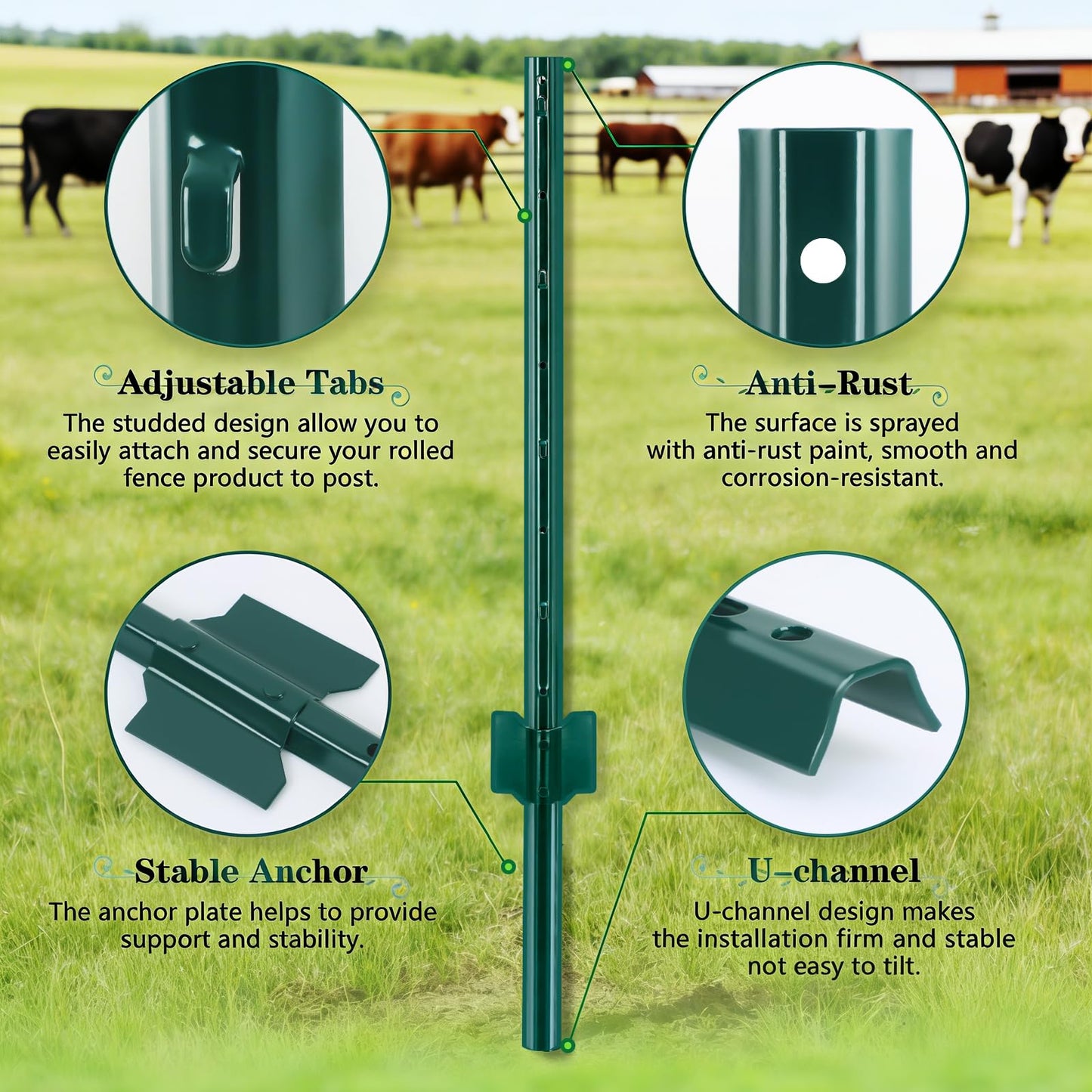 Gtongoko 10 Pack 6FT Heavy Duty Metal Fence Posts, Green U Channel No Dig Fence Stakes with Anchor Plate, 14 Gauge Steel Posts for Wire Fencing, Garden Protection, Animal Barrier, Yard & Farm Boundary