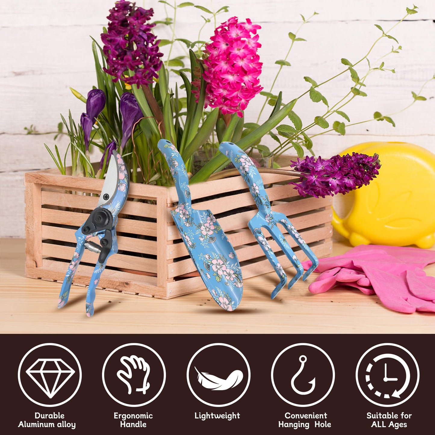 Evertools Garden Tool Set, 3 Piece Floral Gardening Tools for Women, Aluminum Gardening Hand Tools with Trowel, Hand Rake & Pruning Shears, Ergonomic Garden Tools for Indoor Outdoor Gardening