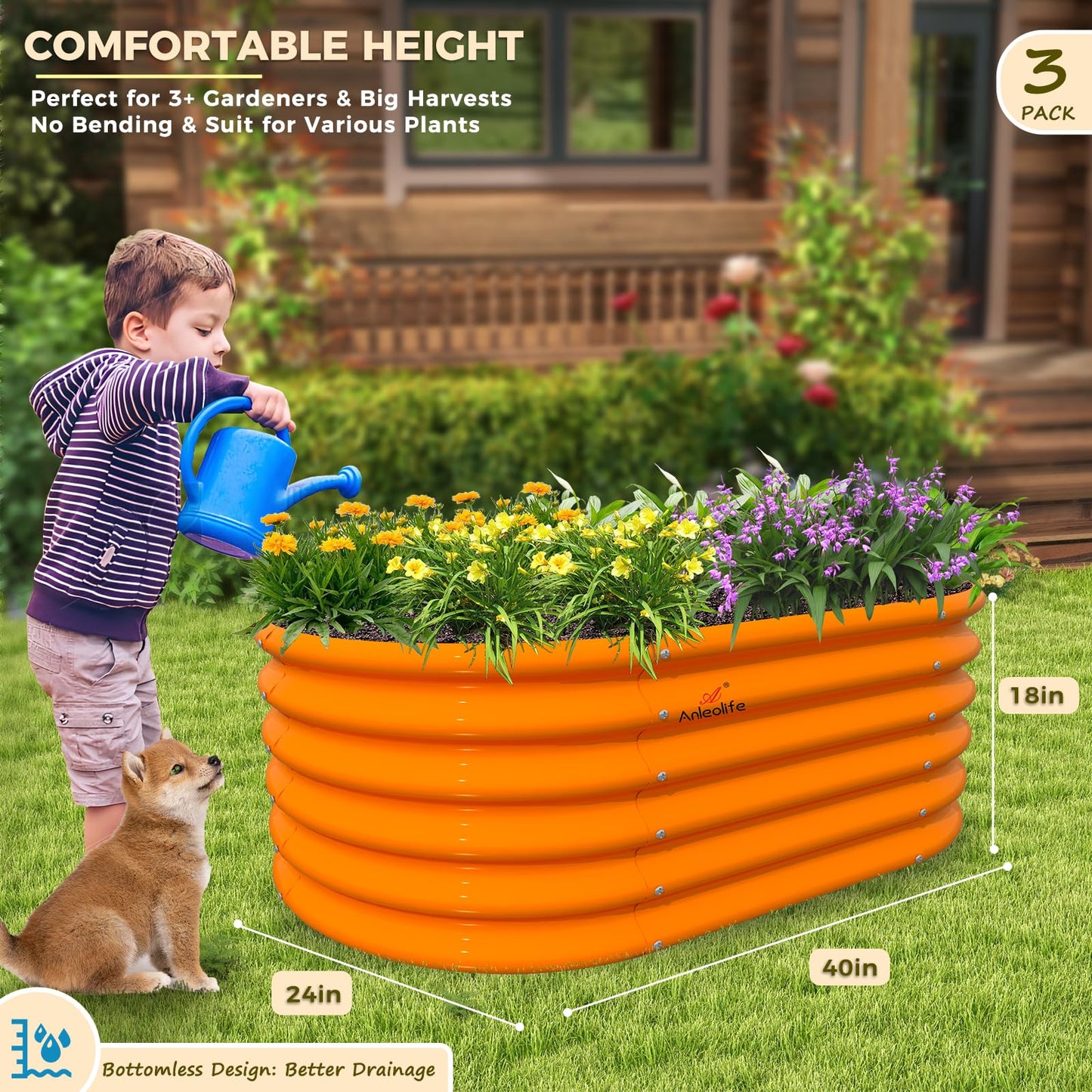 A ANLEOLIFE Kids Mini Raised Garden Beds Outdoor (3-Pack)-40x24x18in Oval Round Galvanized Metal Planter Box for Planting Vegetables, Flowers, Fruits, Eco-Safe & Easy Setup, Peach Orange