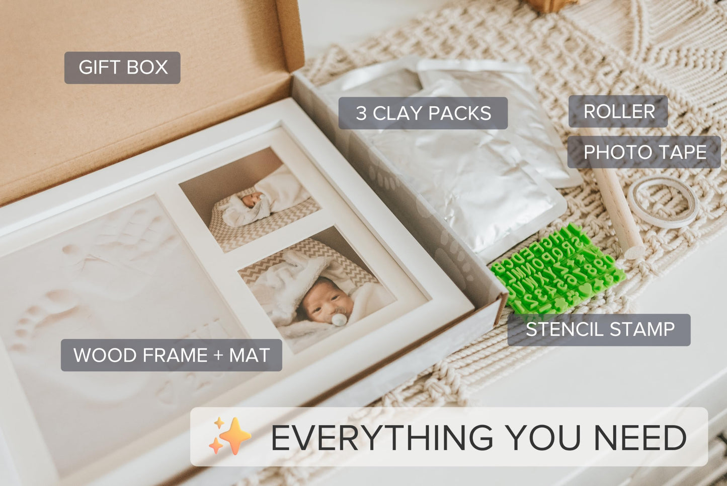 Ultimate Baby Hand & Footprint Kit - Wood Frame, Baby-Safe Clay, & Stencil for Perosnalized Registry, Baby Shower, New Mom, Birthday & Newborn Gift!