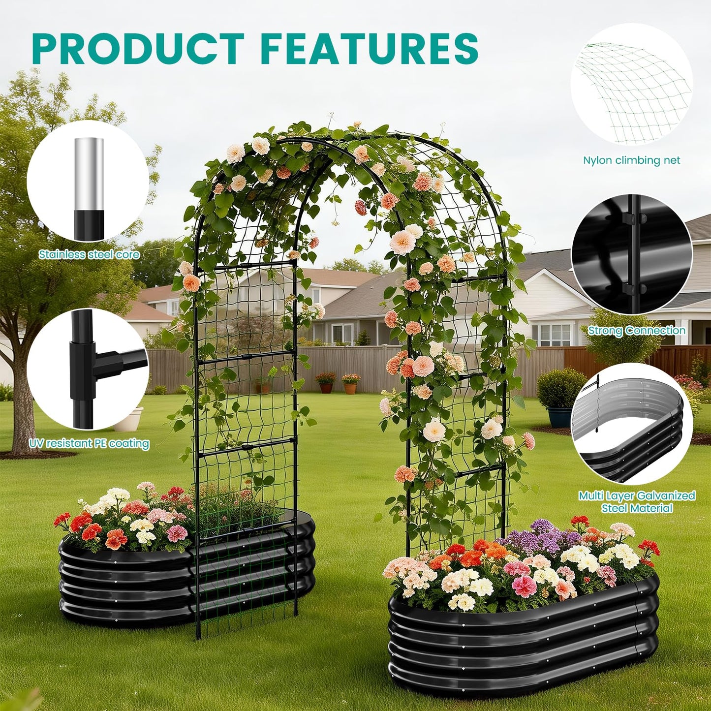 SUNYRISY Galvanized Raised Garden Bed with 87" H Arch Trellis for Climbing Plants Outdoor, Metal Planter Box with Netting for Gardening Flowers Vegetables Fruit Herb, Black