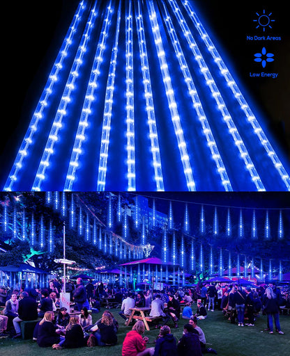 EAGWELL Meteor Shower Lights Outdoor Christmas Lights UL Certified Falling Rain Drop Snowfall Icicle Cascading String Light for Xmas Holiday Tree Wedding Party Garden Decor Blue, 12 Inch 10 Tubes