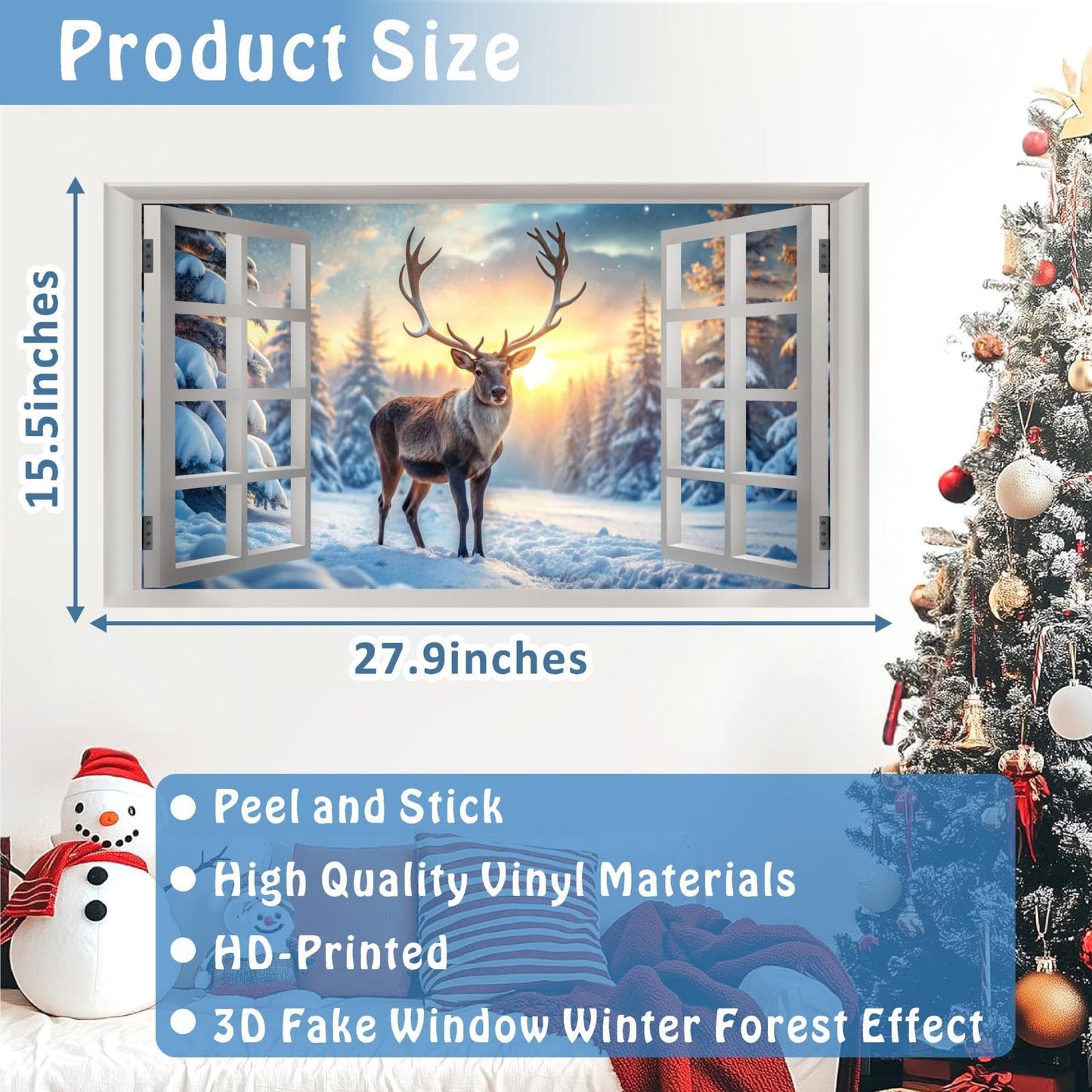 Winter Wall Stickers 3D Fake Windows Wall Stickers Christmas Wall Decals Peel and Stick Forest Wall Sticker Snowy Landscape Walls Decals Winter Pine Tree Art Murals for Living Room Bedroom Decor