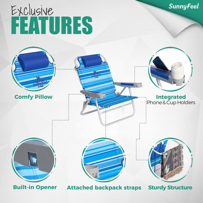 SUNNYFEEL Extra Wide 28" Low Beach Chair 5 Position Lay Flat, XL Oversized Portable Folding Camping Chairs with Cup Holder for Outdoor/Trip, Lightweight Foldable Backpack Beach Chair for Adults