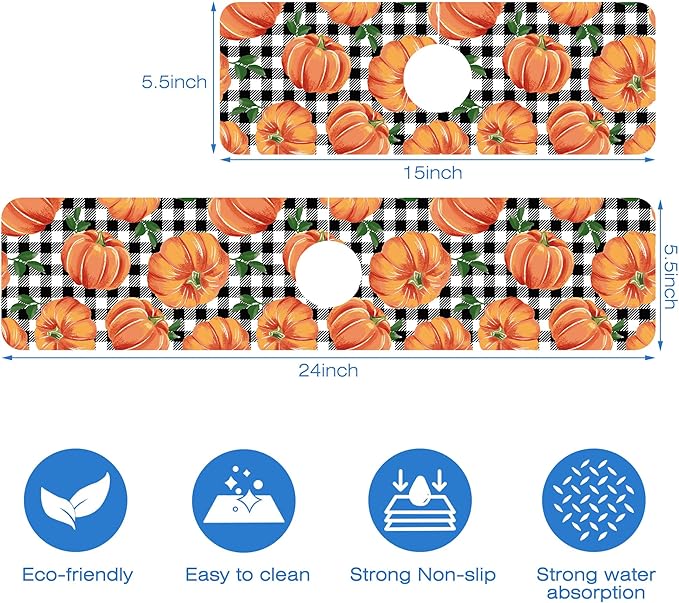 Thanksgiving Pumpkin Kitchen Sink Splash Guard Mat Buffalo Plaid Absorbent Fast