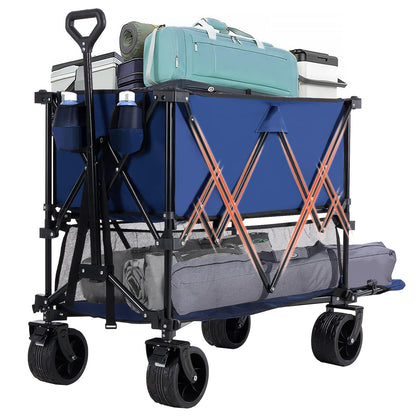 DUMOS 440LBS Heavy Duty Double Decker Wagon Cart with Extender, 400L Large Capacity Collapsible Folding Wagons with Brakes, Adjust Handle, All-Terrain Big Wheels for Garden Shopping Camping - Blue