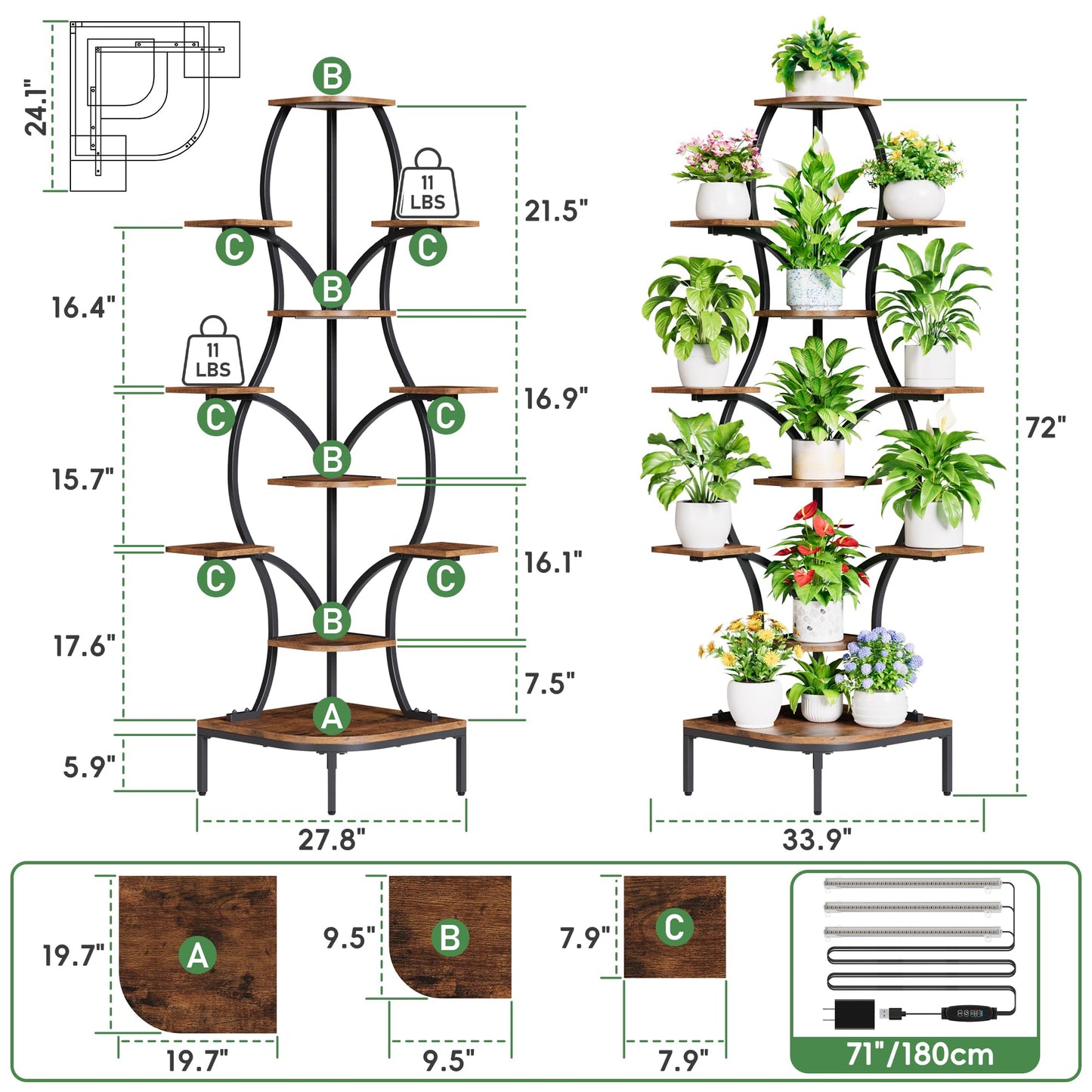 LATIBELL 72'' Tall Corner Plant Stand Indoor with Grow Light - 8 Tiered Metal Plant Shelf for Indoor Plants, Curved Display Rack Capable of Holding Large Pots in Living Room, Patio & Balcony, Black