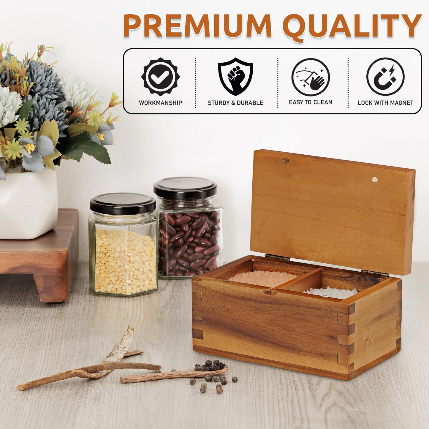 Demigo Acacia Wood Salt Cellar with Magnetic Flip Lid - 20 oz Large Capacity Salt Box for Kitchen - Keeps Spices, Herbs & Seasonings Fresh (Natural Brown)