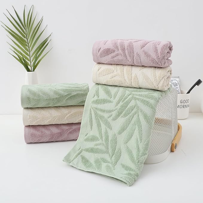 Pidada Hand Towels Set of 4 Leaf Pattern 100% Cotton Absorbent Soft Decorative