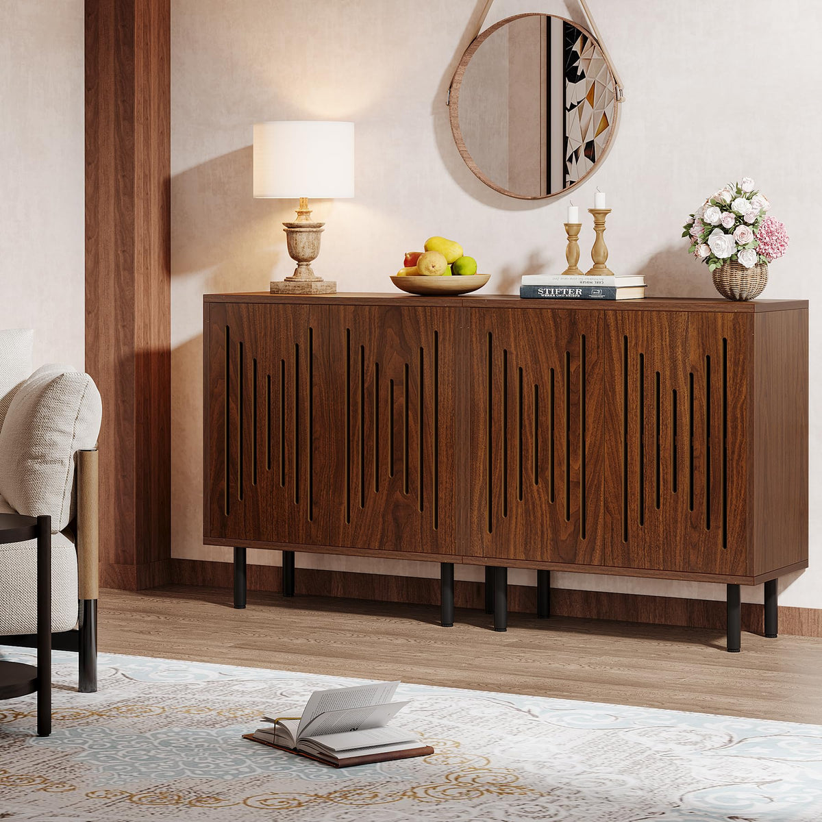 Tribesigns Set of 2 Sideboard Buffet with Storage, 59" Buffet Sideboard Cabinet with Adjustable Shelves, Accent Storage Cabinet for Living Room, Dark Brown