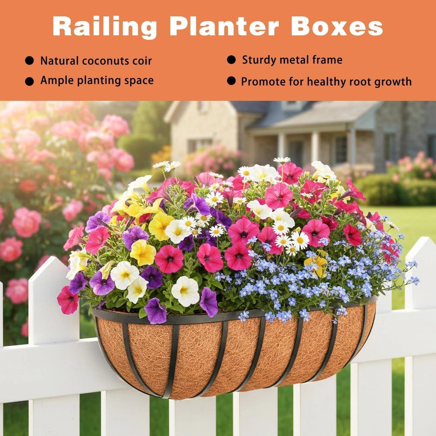 ZVOWOS 4 Pack 16" Railing Planter Window Box with Coco Fiber Liner Horse Trough Planter The Railing Planters Boxes for Deck Porch Fence Outdoor