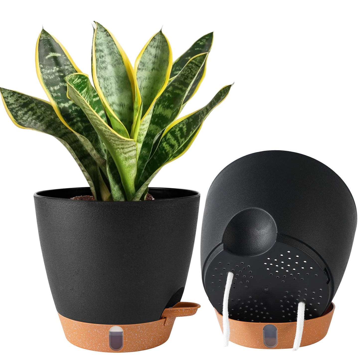 Fielda 2 Pack 8 Inch Pots for Plants Indoor, Plastic Self Watering Planters with Drainage Holes, Water Level Indicator & Deep Reservoir, Decorative Flower Pots Indoor Outdoor Use (Black