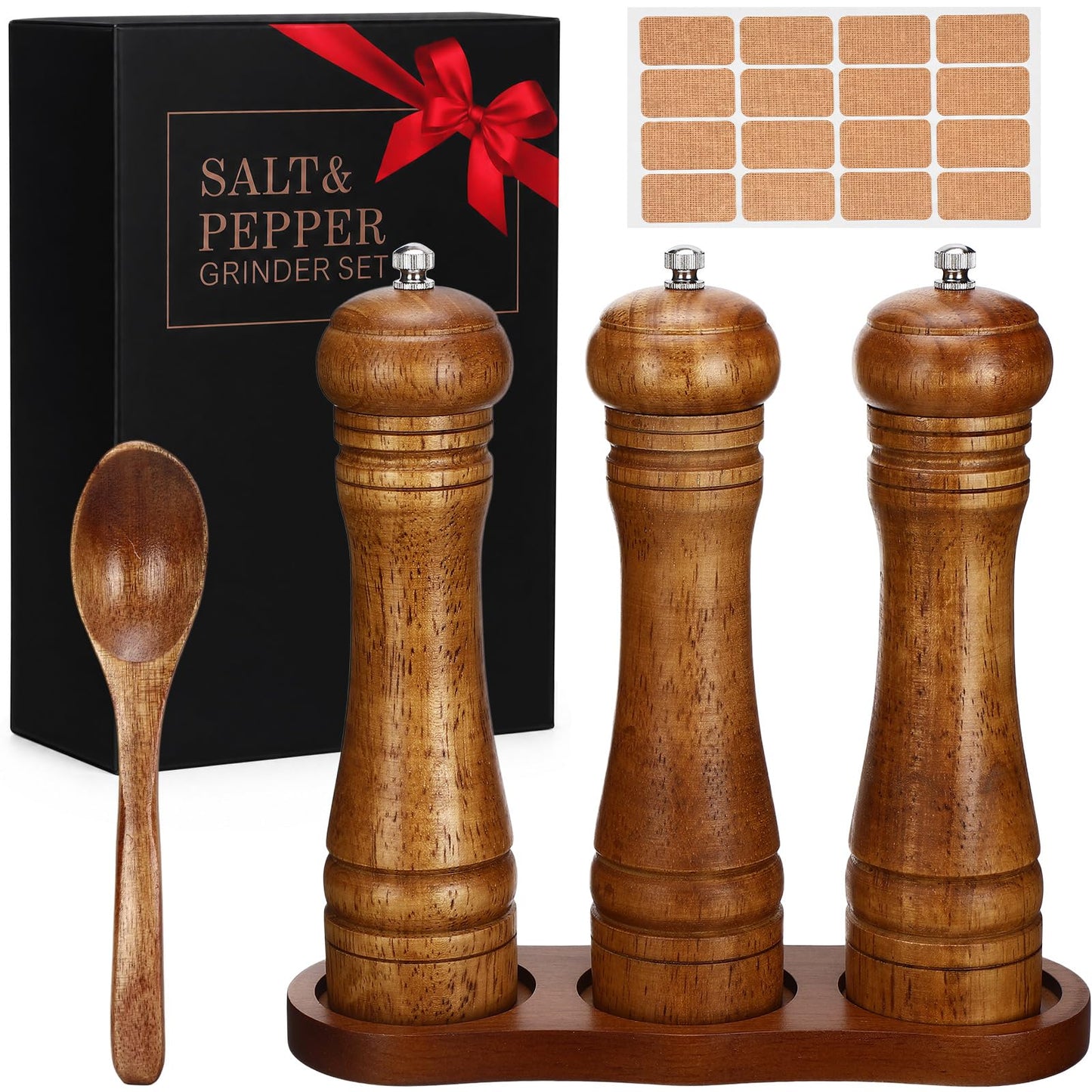 Hushee 6 Pcs Rubber Wood Salt and Pepper Grinder Set, 8 Inch Adjustable Coarseness Manual Pepper Grinder, Refillable Spice Grinders with Tray, Spoon & Cork Labels for Kitchen, BBQ, Camping