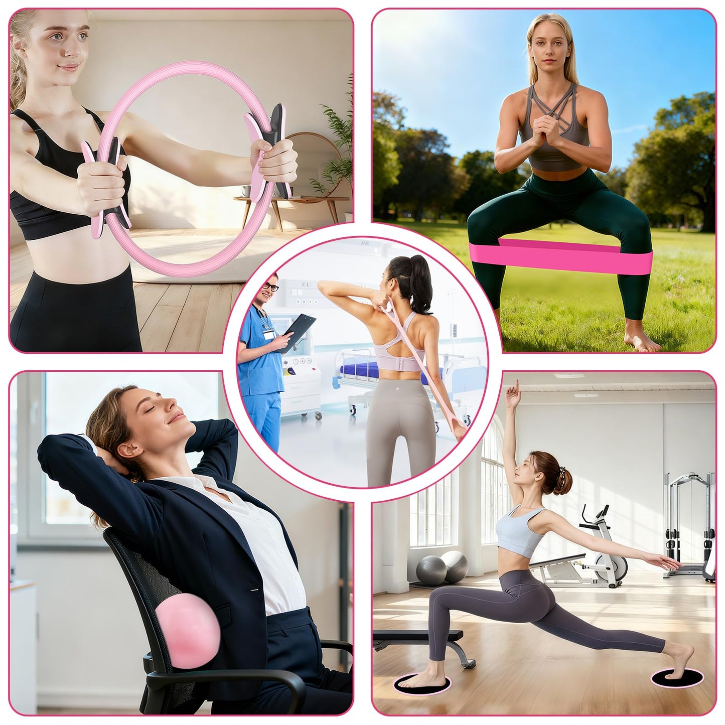 Hoedia Pilates Kit for Women, Pilates Equipment Ring and Ball Set with Resistance Bands, Yoga Strap, Core Sliders, Socks, Bag & Guide for Starter Home Workout Fitness Gym Essentials, Pink