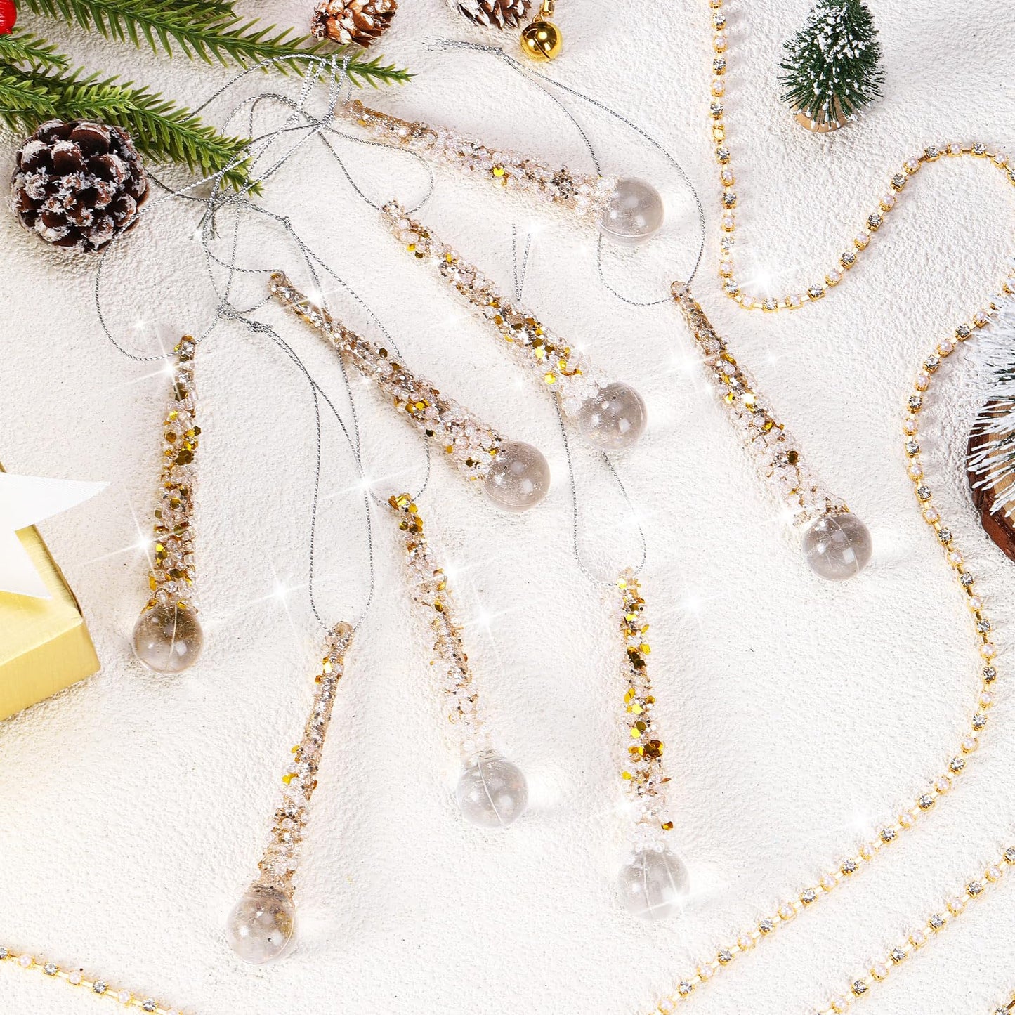 Soulchen 9pcs Crystal Icicle Christmas Tree Ornaments Crystal Gold Tree Garland Set 4 Inch Clear Raindrop Hanging Pendants 33 ft Gold Pearl Garland String for Christmas Wedding Party Decoration