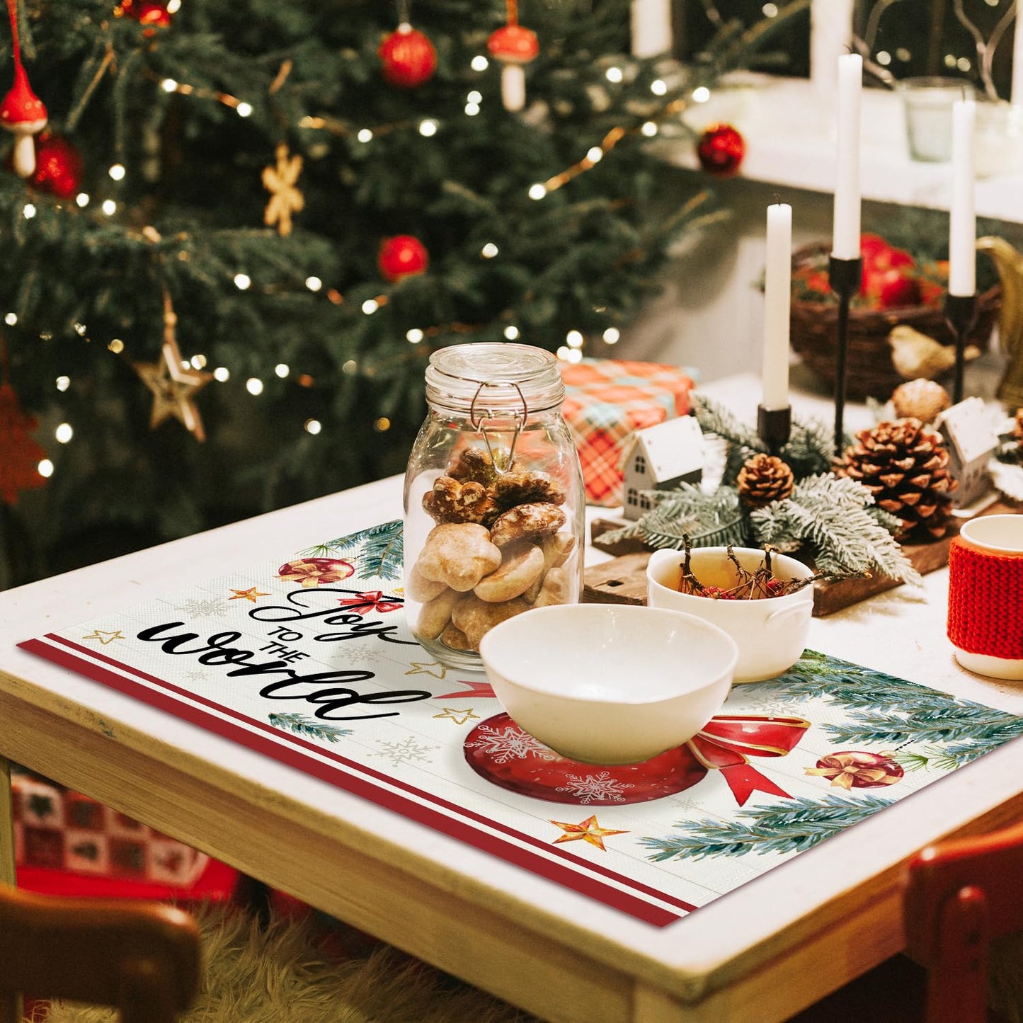 Christmas Baubles Placemats Set of 4 Winter Gifts for Christmas Women Rustic Holiday Placemats Decor for Xmas Party Outdoor Home Kitchen Dining Recyclable Table Mats 12x18 inch - DH724