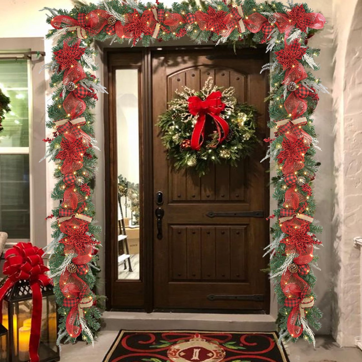 prelit 6 feet Christmas Garland with 30 LED Lights,Buffalo Plaid Christmas Decoration,Holiday Mantel Garland,red and Black Xmas Porch Decor,Fireplace Decor,Lighted Farmhouse Garland with Timer