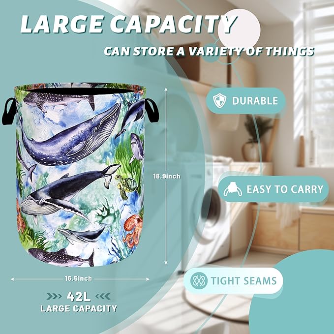 Colorful Whale Laundry Hamper Cute Ocean Octopus Laundry Basket