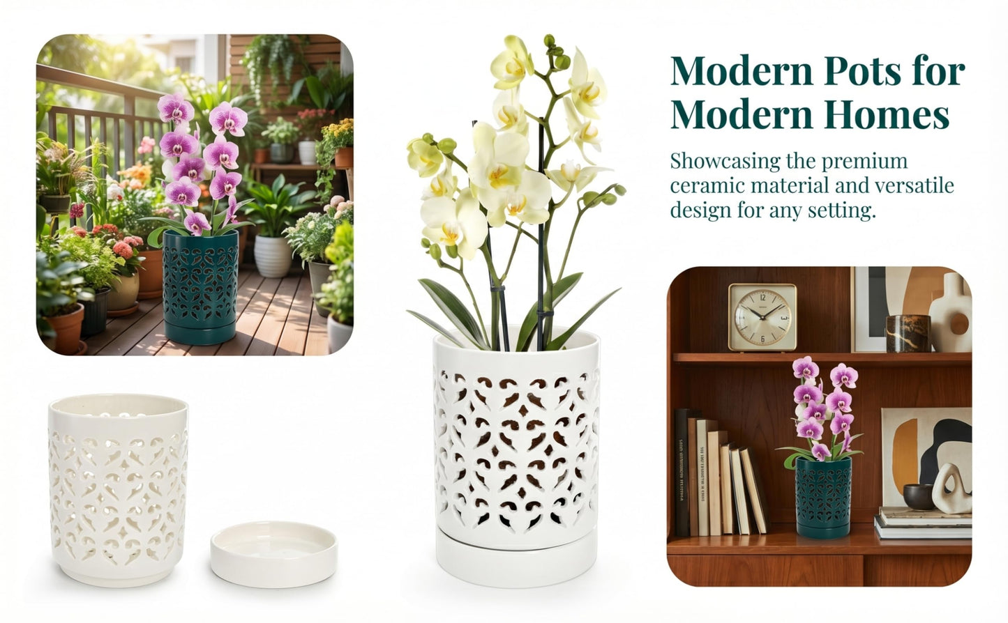 Jucoan 2 Pack Orchid Pots with Holes and Saucer, 4 Inch Ceramic Slotted Orchid Planter Pots for Repotting Indoor Outdoor Plant, Elegant Beige White and Green