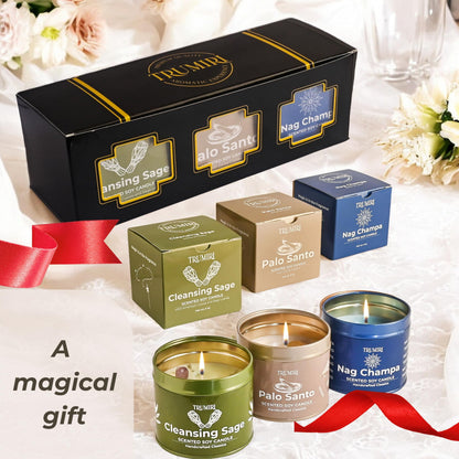 Cleansing Sage, Palo Santo, Nag Champa - Soy Candles Non Toxic - Highly Scented Long Lasting with Essential Oils - Variety Pack of 3 x 5oz - for Home Aromatherapy Meditation Gift Travel