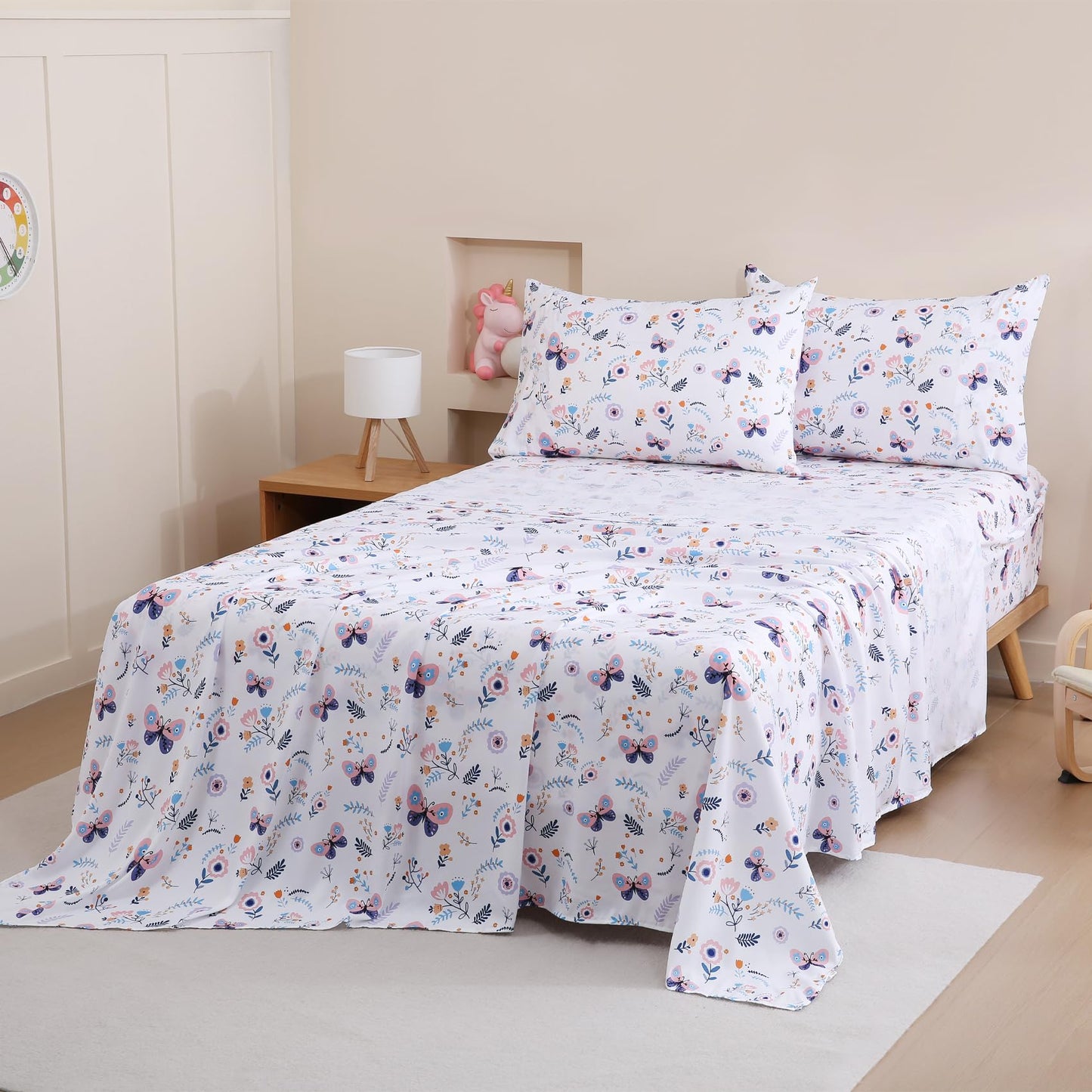 Yibeizi Butterfly Floral Sheet Set for Girls Twin, Kids Boho Print Bedsheets Microfiber Deep Pocket Cute Patterned Bed Sheet & Pillowcase Sets 3 Pieces