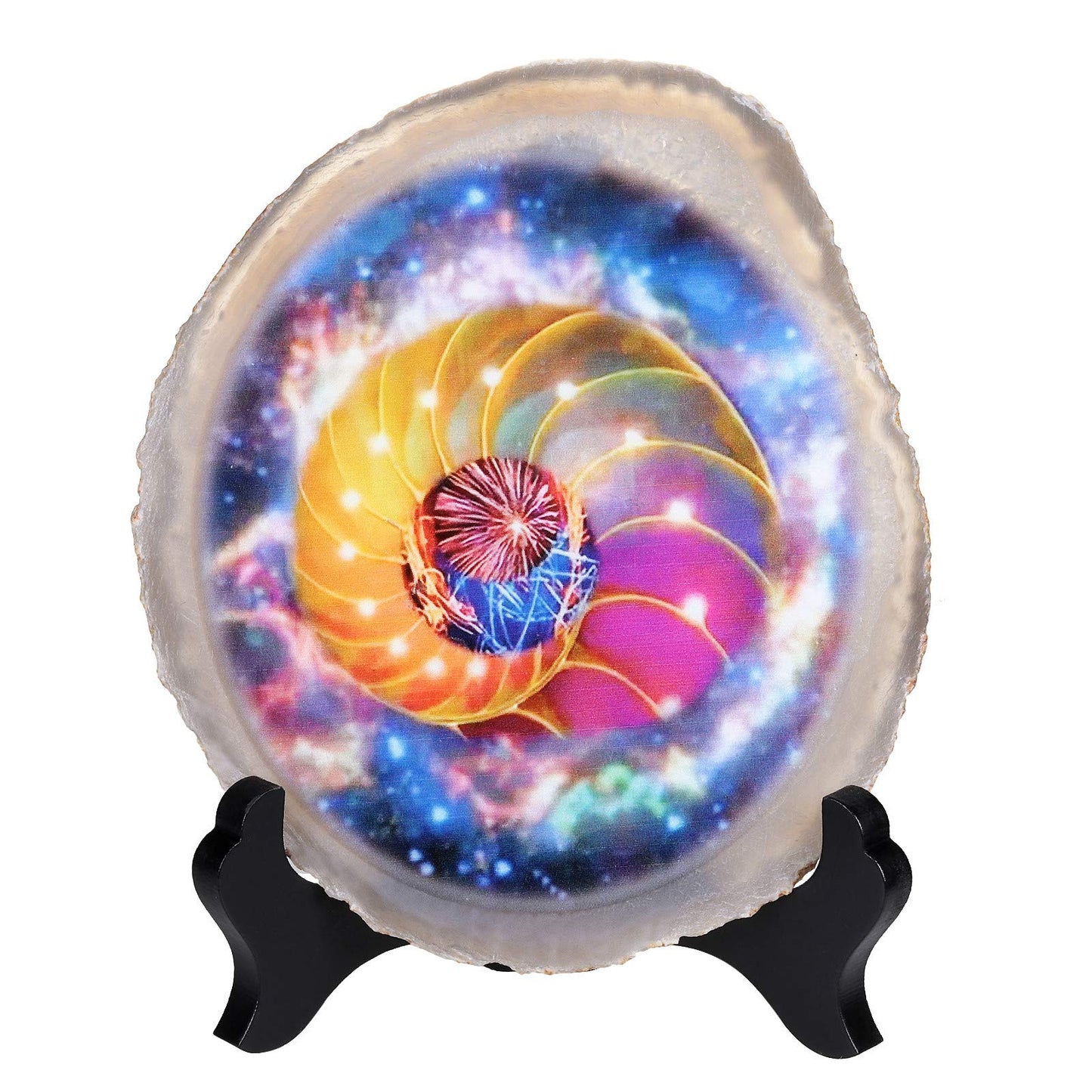 Rockcloud Colorful Space Agate Slab Display with Wooden Stand Irregular Shape Agate Slice Stone Home Office Desk Ornament, 3.9"-4.7"