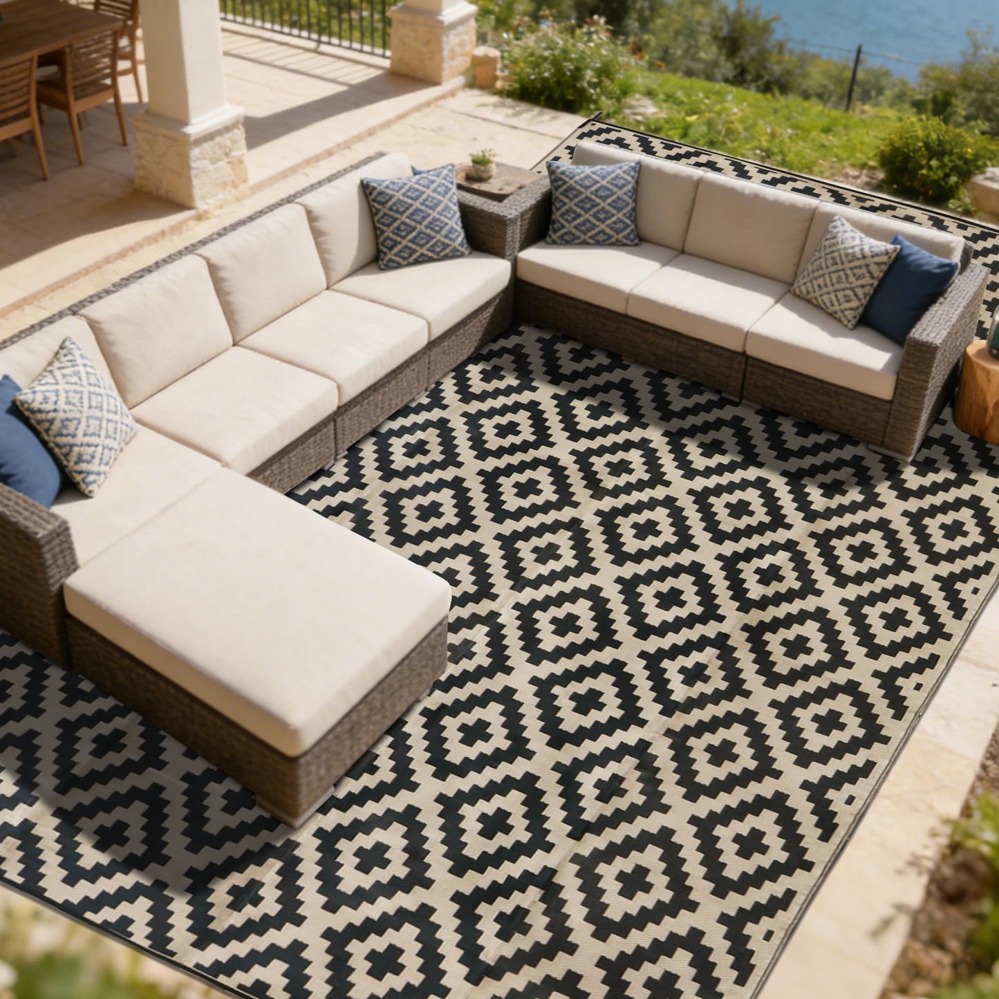 SAND MINE Waterproof Outdoor Rug 10x20 ft, Plastic Reversible Rug, Modern Area Rug, Large Floor Mat for Outdoors, RV, Patio, Backyard, Deck, Picnic, Beach, Camping, Black & Beige