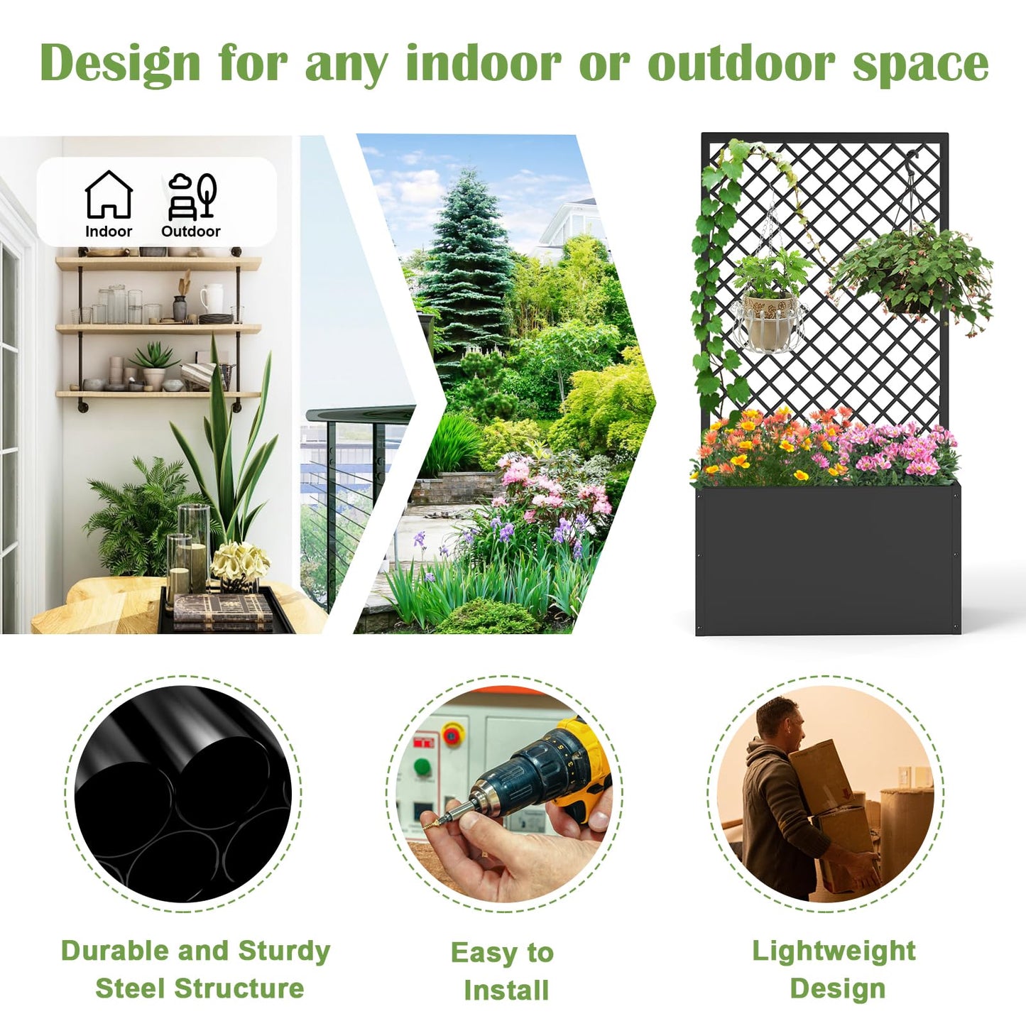 kinbor Planter with Trellis - Set of 2 Planter Boxes Outdoor, Metal Raised Garden Bed with Lattice Trellis for Climbing Plants, Black Flower Boxes Outdoor