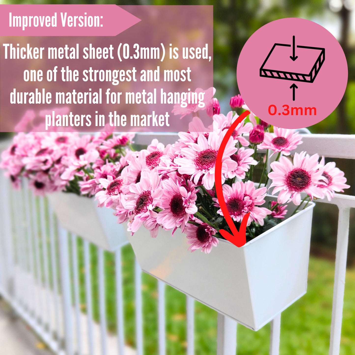 LaLaGreen Outdoor Rail Planter (6 Pack, 16 Inch) Large White Metal Strawberry Wall Hanging Planters, Balcony Deck Railing Fence Succulent Herb Rectangular Plant Holder Outside Patio Porch Decoration