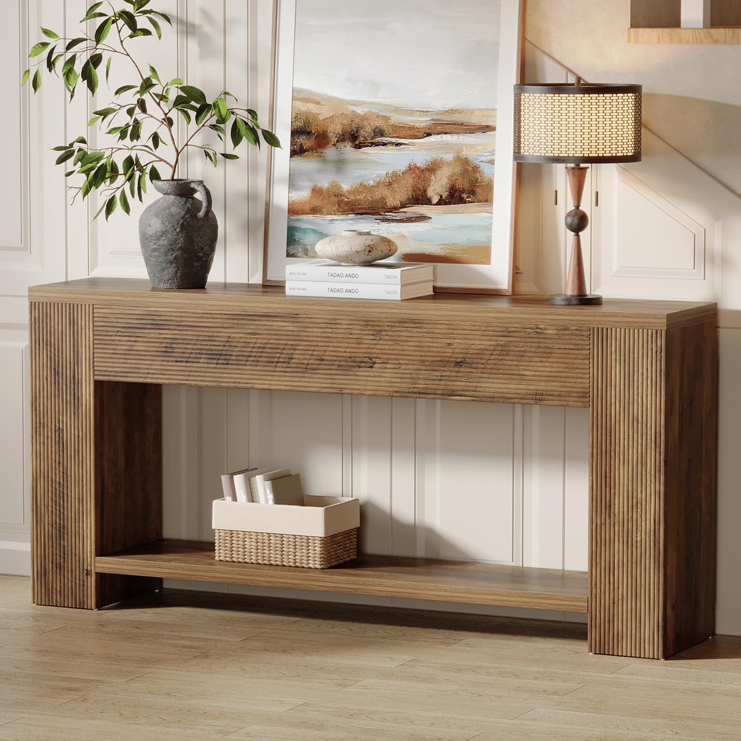Tribesigns 70.9-Inch Console Tables for Entryway, Narrow Wooden Long Sofa Table Behind the Couch, Farmhouse Fluted Hallway Accent Table for for Living Room, Entrance, Foyer (Rustic Brown)