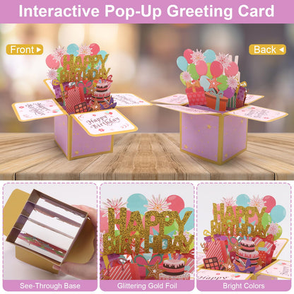 Fushing 3D Pop Up Birthday Card - Sweet Birthday Box Greeting Card Box with Blank Message Card & Envelope, Unique Handmade Scrapbook for Wife, Women, Men, Kids, Daughter, Son, Mom, Dad, Friend (Pink)