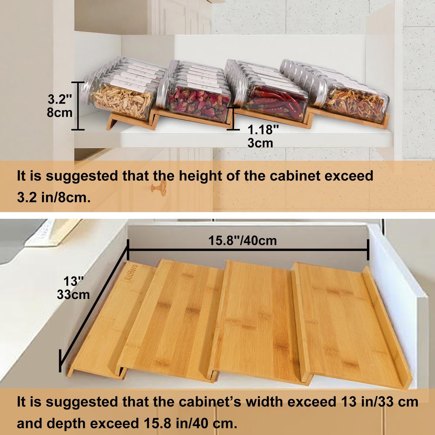 KitHero Spice Drawer Organizer with 28 Spice Jars and 216 Labels,Non-slip Rubber, Bamboo 4 Tier Spice Racks Tray Seasoning Containers for Kitchen Drawers,Cabinets,Countertops,13" Wide * 15.8" Deep