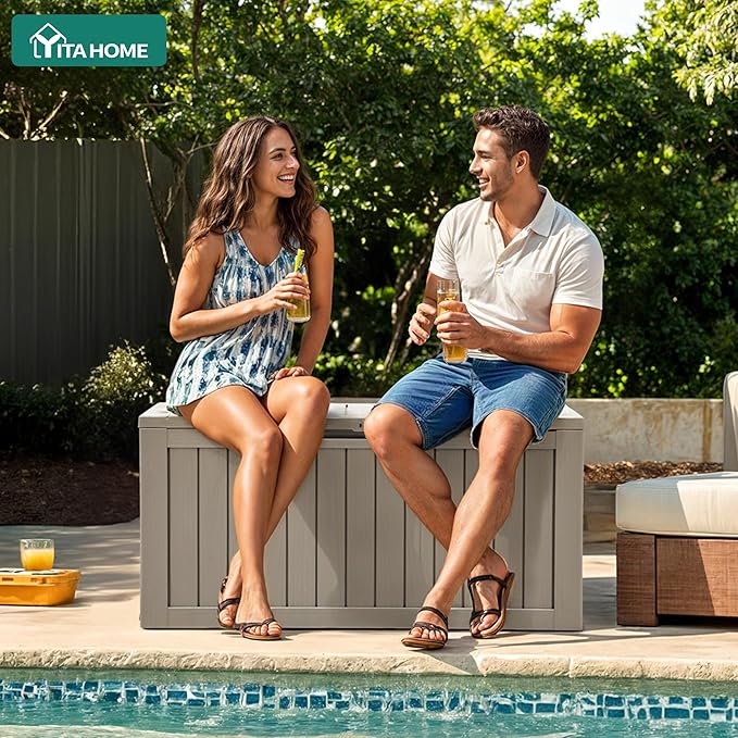 YITAHOME 72 Gallon Outdoor Resin Deck Box with Wheels, Pool Storage Box for Outdoor Cushions, Sports Equipment, Garden Tools, Light Brown