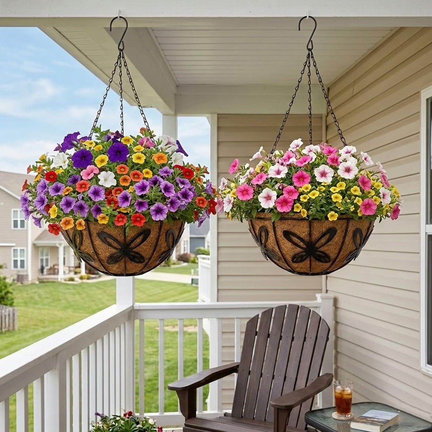 HZXXJCO 3 Pack Hanging Baskets for Plants Outdoor 14 Inch Butterfly Metal Hanging Planters with Coco Coir Liner, Round Hanging Flower Basket for Home Garden Patio Balcony Porch