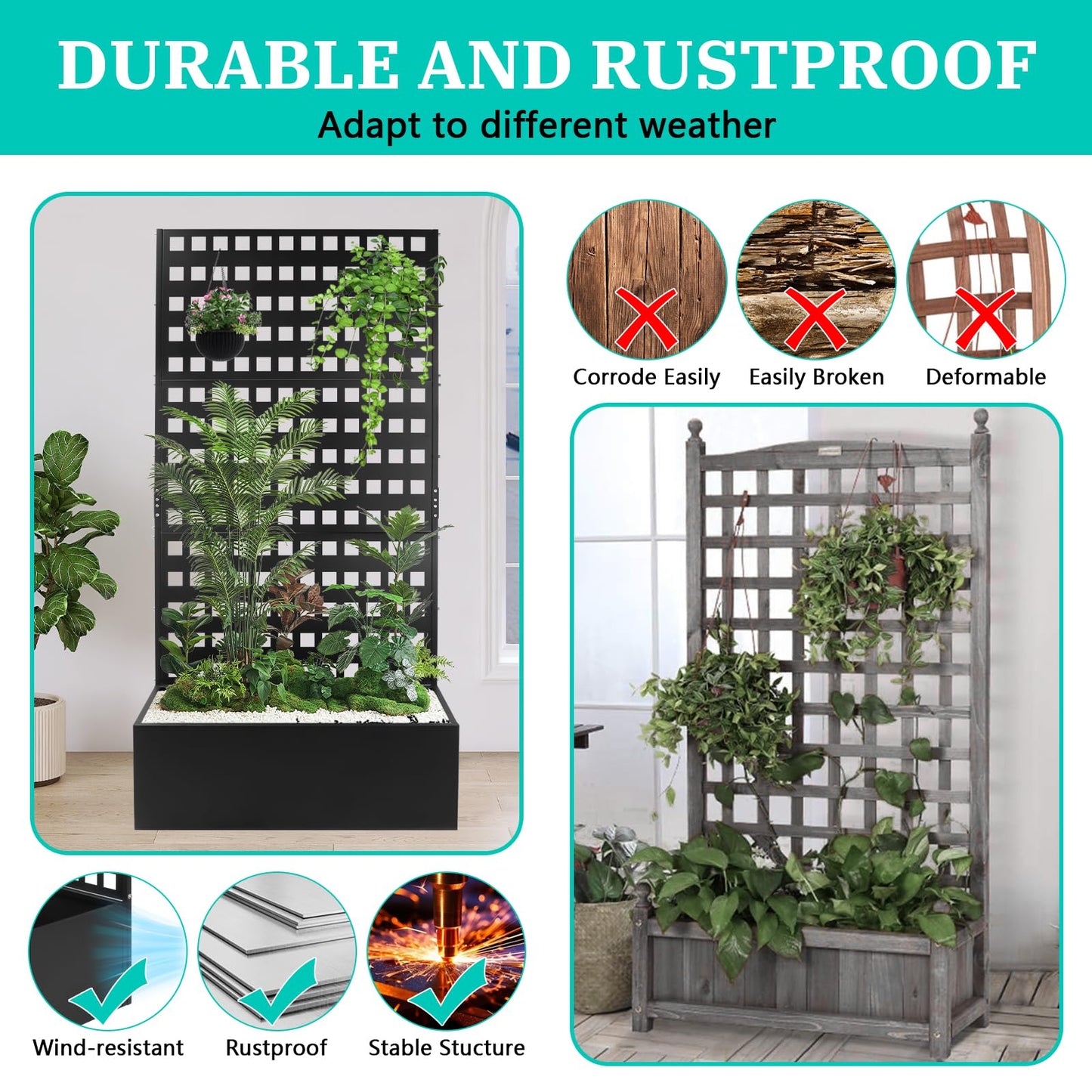 TRVFPON Metal Planter Box with Trellis Raised Garden Bed with Drainage Holes， Privacy Planters for Patio as a Privacy Screen for Climbing Plants Outdoor (35x18x71Inch)