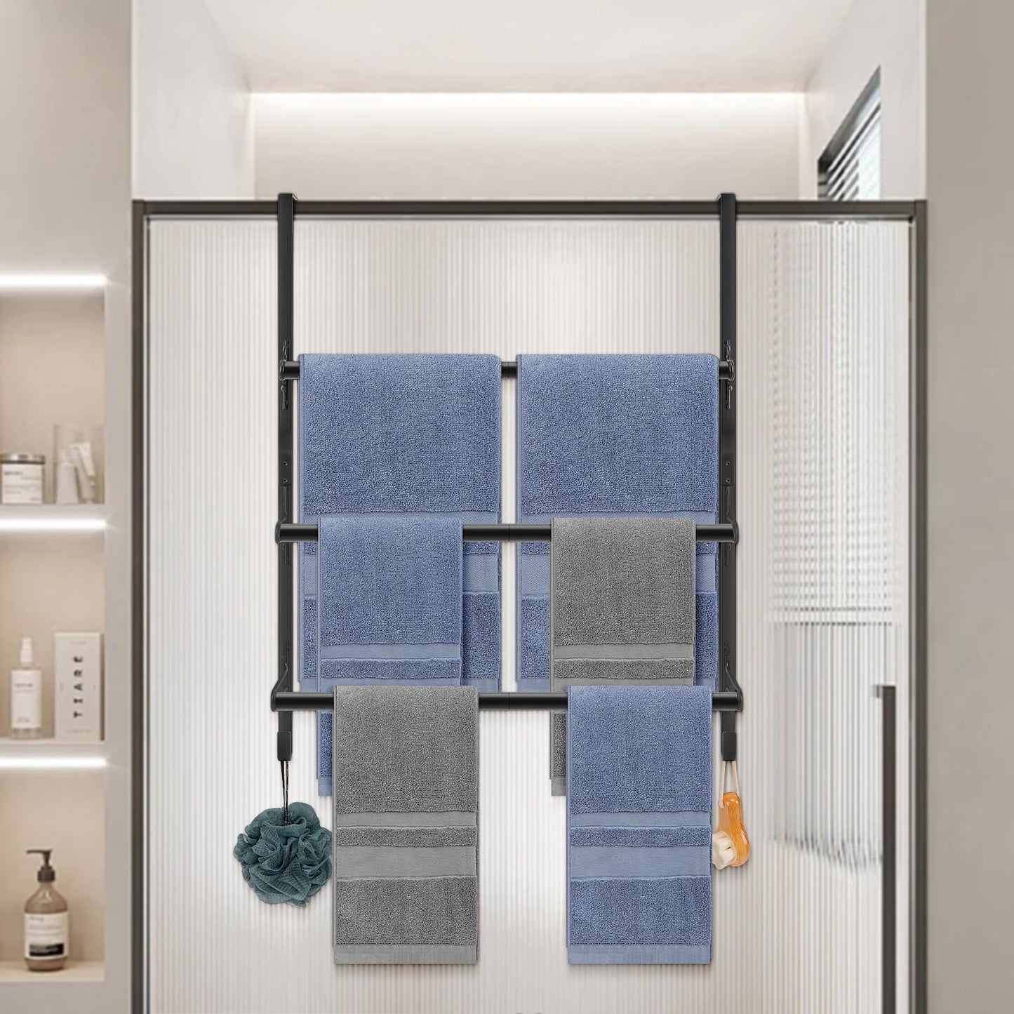 Livabber 3-Tier Over The Door Towel Rack, All Metal Towel Rack with Hooks for Door Hanging, Behind Door Towel Bar Towel Storage Holder for Bathroom Accessories, Black (19.37" L x 5.9" W x 24.4" H)