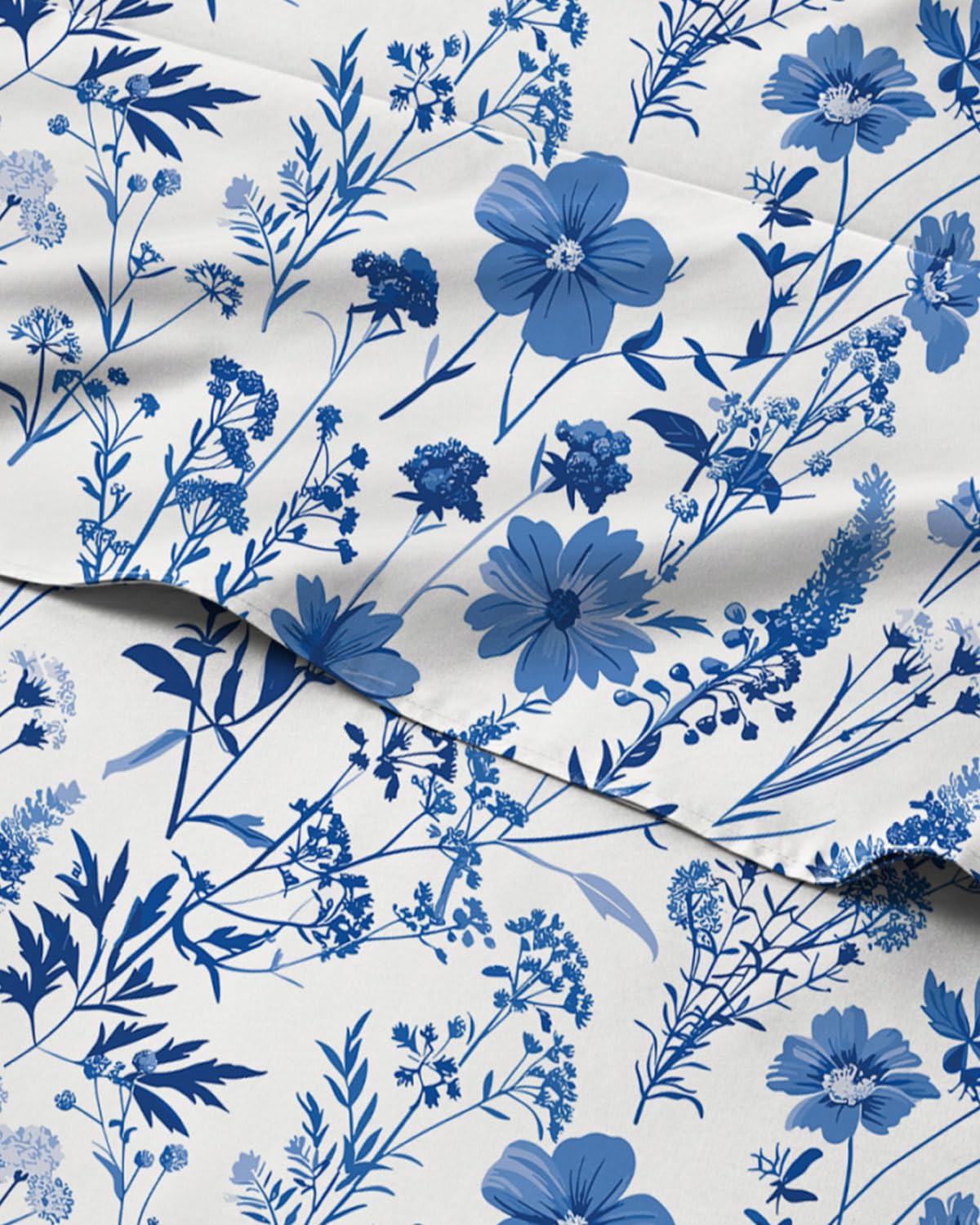 Floral Sheets - White & Blue Bed Sheet Set - 1 Flat, 1 Fitted & 2 Pillowcases w/ Deep Pockets - Comfy, Cozy, Wrinkle & Fade Free - Boho Botanical Bedding - Soft, Breathable & Cooling - King Size Set