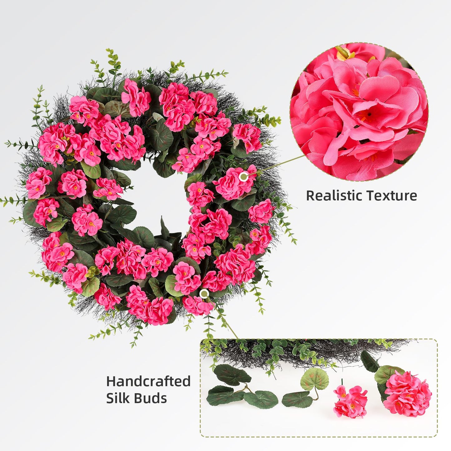 KuiMen Rose Red Artificial Geranium Wreath, 22 Inch Spring Summer Wreaths for Front Door with Blessed Hanging Sign, for Rustic Farmhouse Entryway Porch Balcony Decor