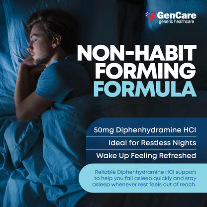 GenCare Maximum Strength Nighttime Sleep Aid Supplement for Adults Deep Sleep Pills with Diphenhydramine HCl 50mg to Fall Asleep Faster- Strong Non-Habit Forming PM Sleeping Relief [96 Softgels]