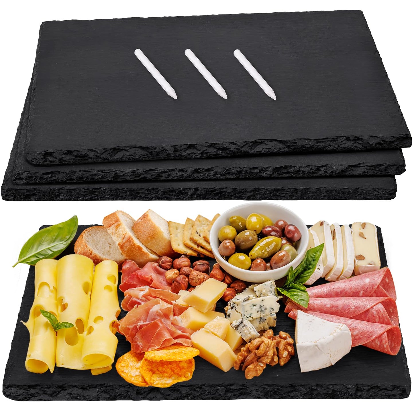 MAPRIAL Slate Cheese Boards, 4 Pack 15 x 10.2 Inch Large Charcuterie Boards Black Stone Plates Serving Tray for Party, Sushi, Wedding, Laser Engraving, Meat, Christmas, Home, Kitchen, Gifts