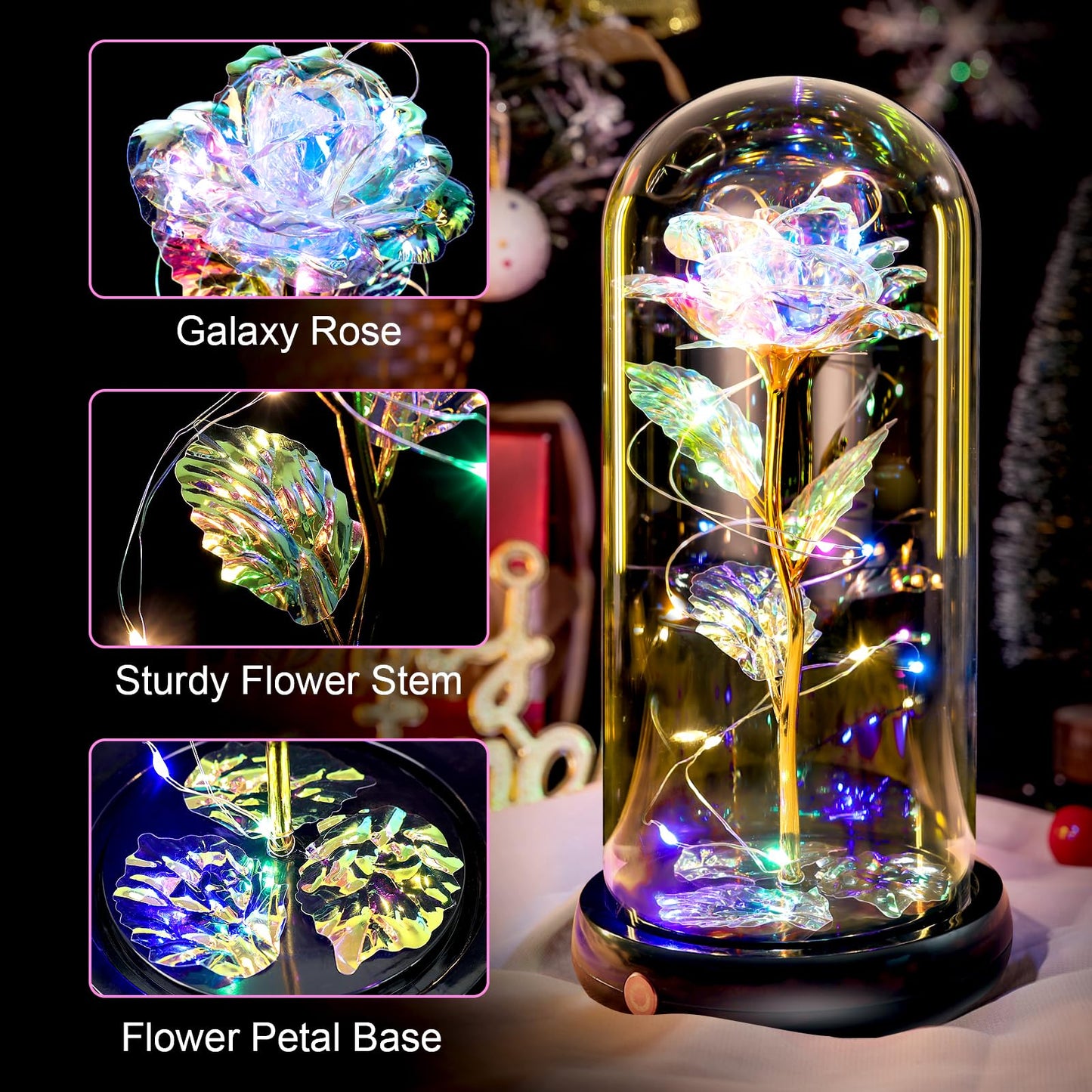 Mothers Day Flowers Gifts for Mom Women Birthday Gift, Rechargeable Galaxy Glass Rose in Glass Dome Forever Crystal Rose Anniversary Mother's Day Roses Gifts for Daughter Wife Women Grandma Rainbow
