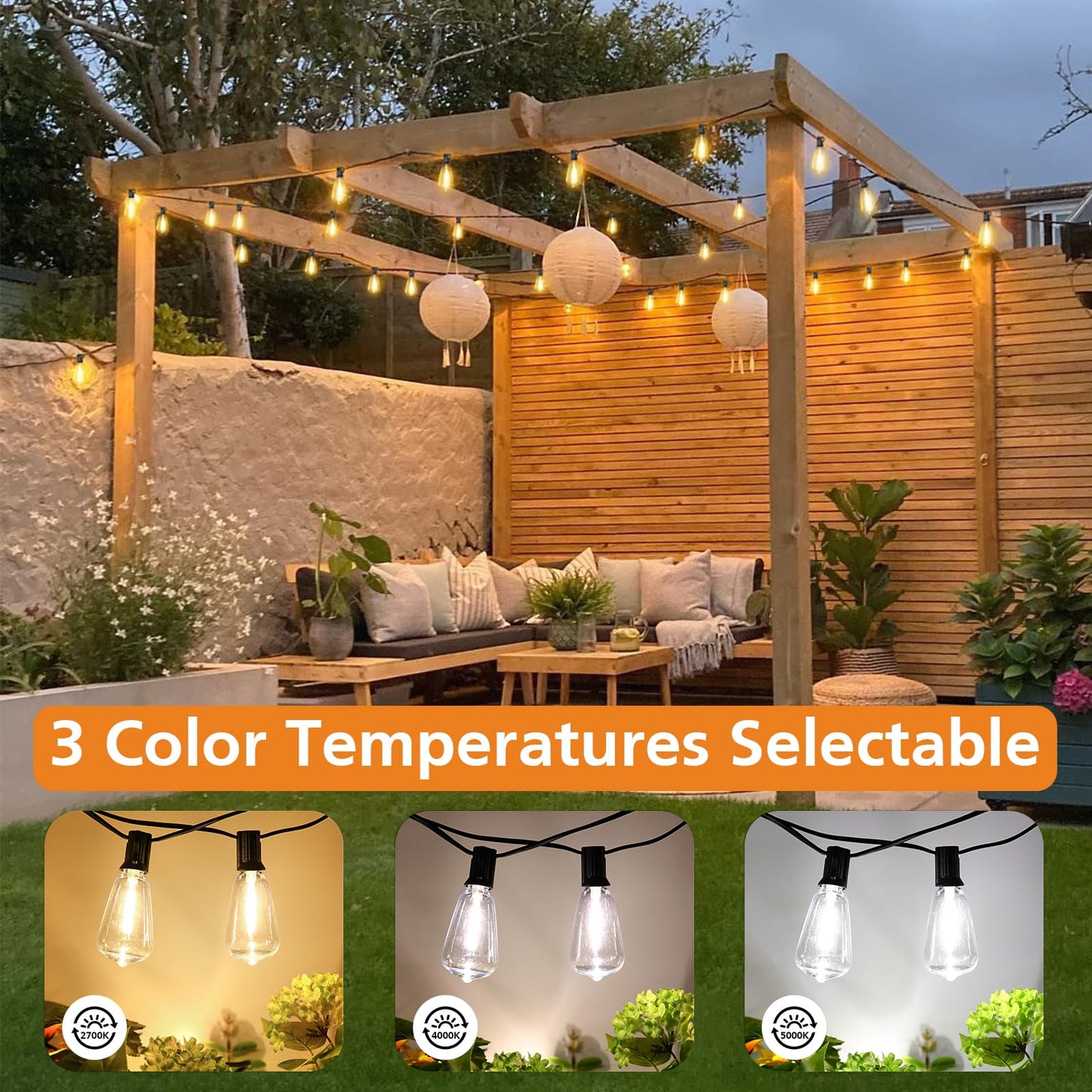 Brightever 200FT Outdoor String Lights with Remote, 2700K/4000K/5000K Selectable LED String Lights for Outside with 100+4 ST38 Edison Bulbs, 3 Modes Dimmable Patio Lights Waterproof for Camping, Deck